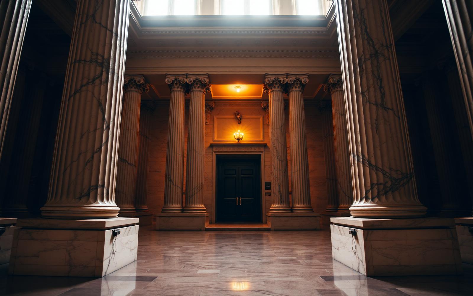Marble courthouse columns representing the Texas justice system